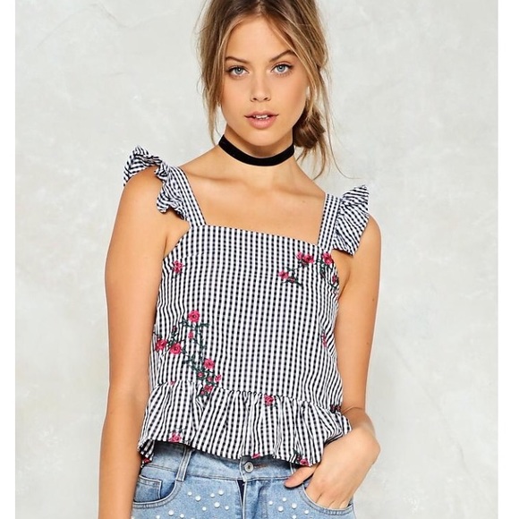 Nasty Gal Tops - Nasty Gal Embroidered Gingham Top